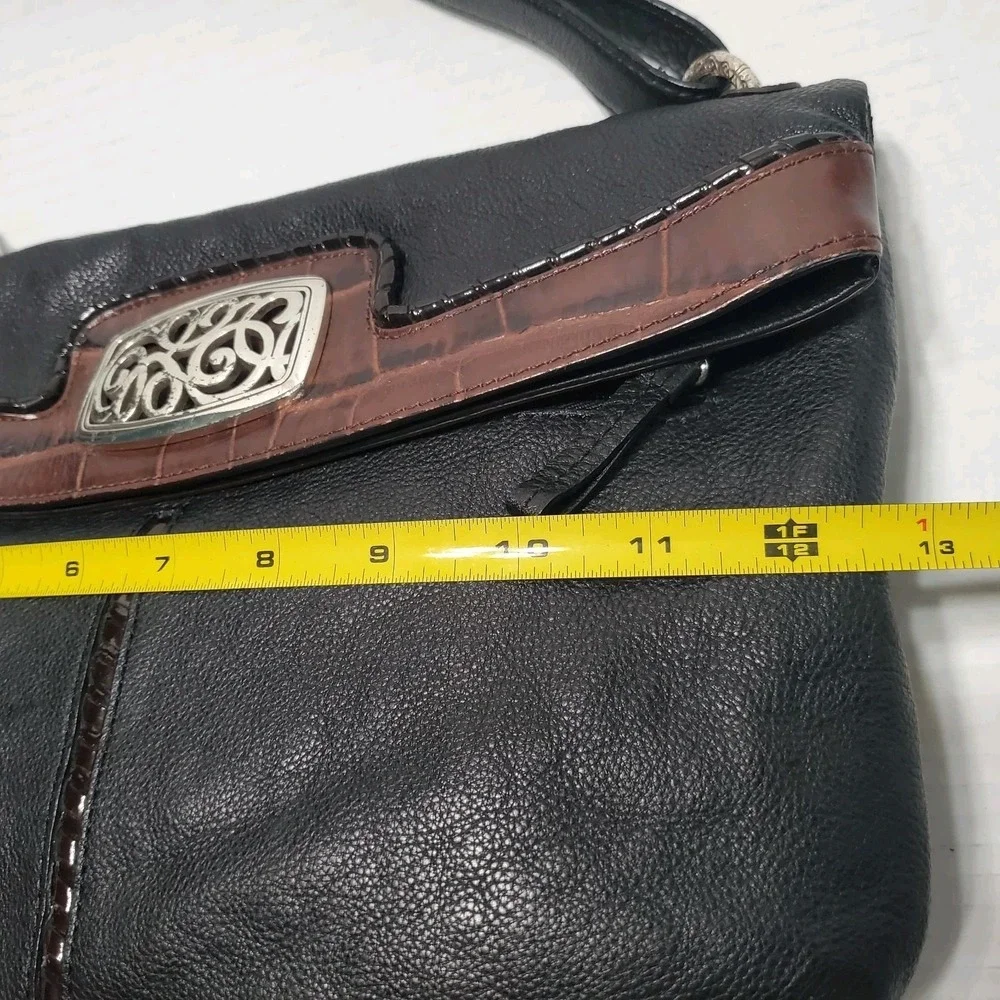 VTG Brighton Black Leather Brown Croc Embossed Flap Crossbody Shoulder Bag Purse
